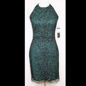 AIDAN MATTOX Dk Green Halter Beaded Formal Dress